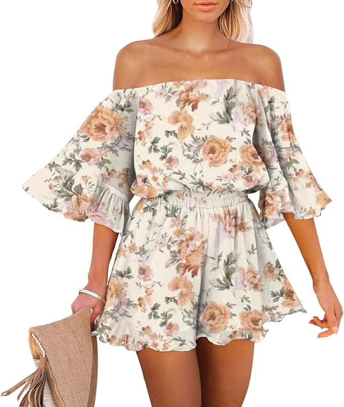 Linsery Women Boho Off Shoulder Summer Romper Casual Floral Print One Piece Strapless Shorts Jump... | Amazon (US)