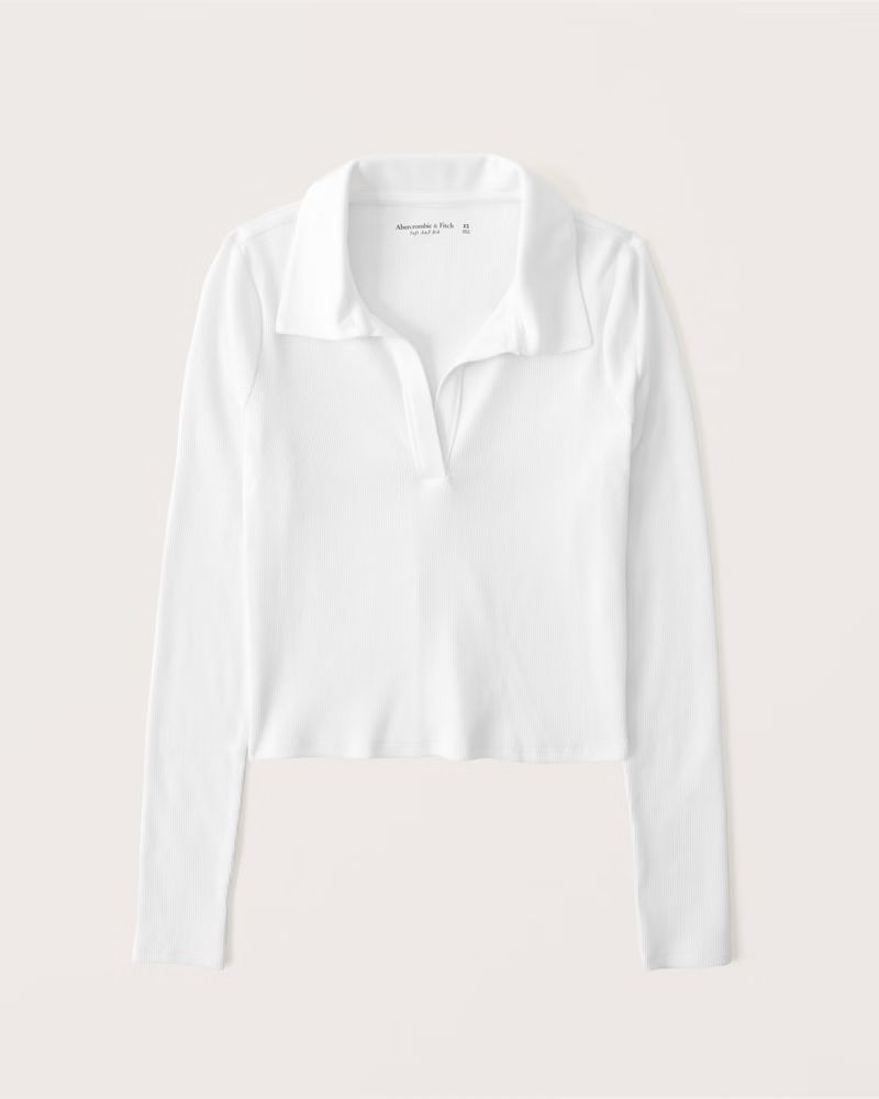 Abercrombie & Fitch Women's Long-Sleeve Ribbed Polo Top in White - Size L | Abercrombie & Fitch (US)