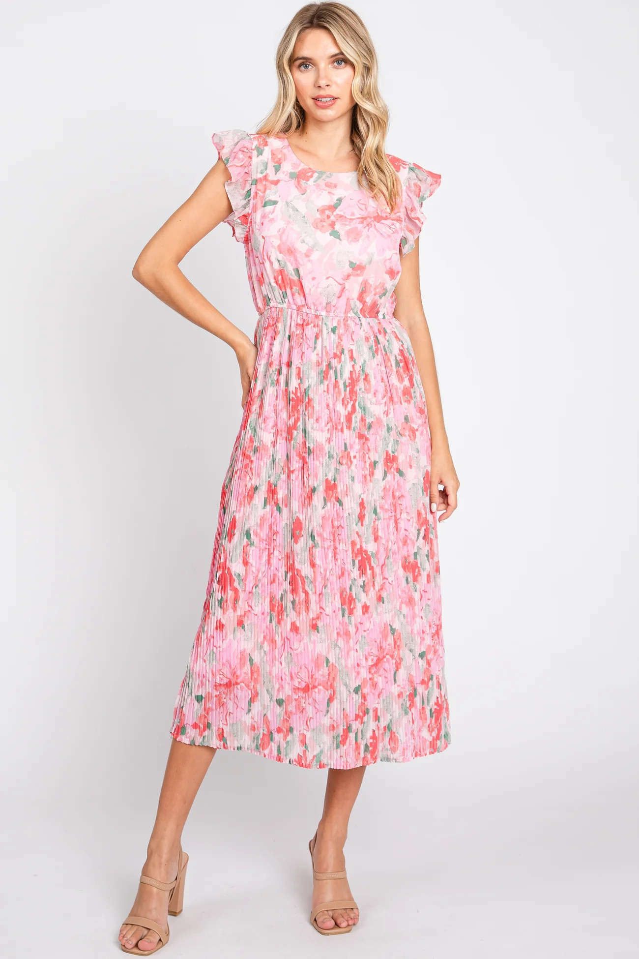Pink Floral Chiffon Pleated Midi Dress | PinkBlush Maternity