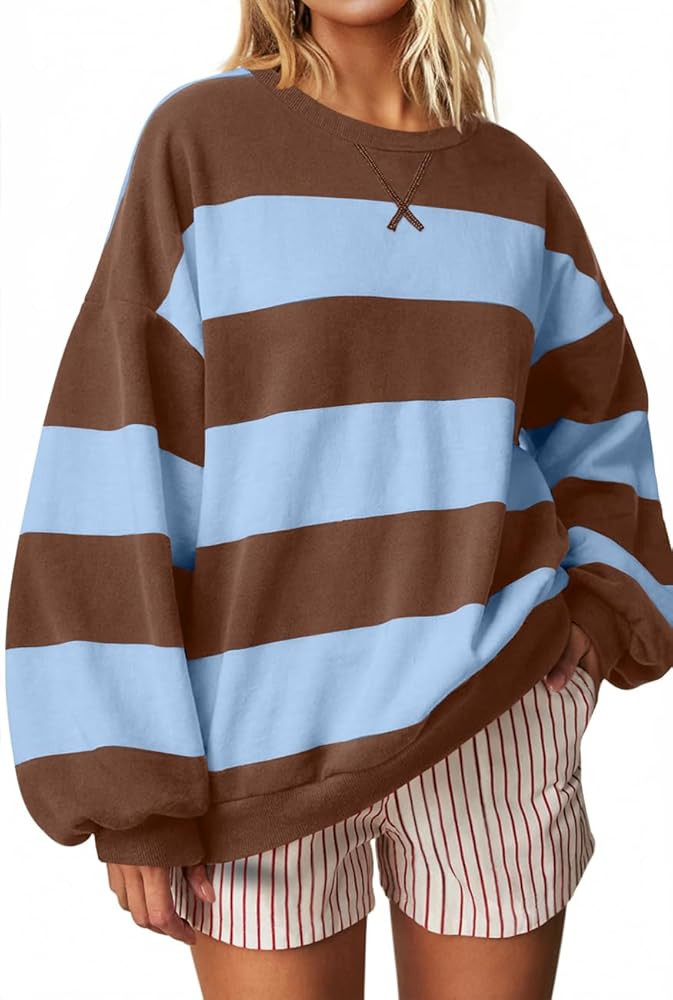UEU Women Oversized Striped Crewneck Sweatshirt Long Sleeve Color Block Pullover Tops Casual Loos... | Amazon (US)