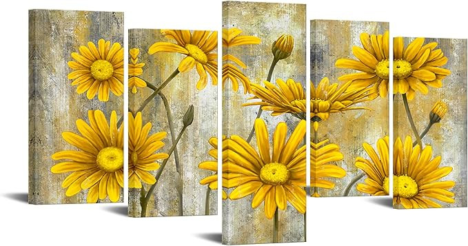 Large 5pcs Canvas Wall Art Prints Adorable Yellow Gray Daisy Flower Painting Modern Decorative Gi... | Amazon (US)