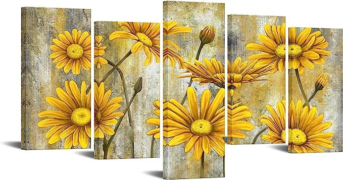 Large 5pcs Canvas Wall Art Prints Adorable Yellow Gray Daisy Flower Painting Modern Decorative Gi... | Amazon (US)