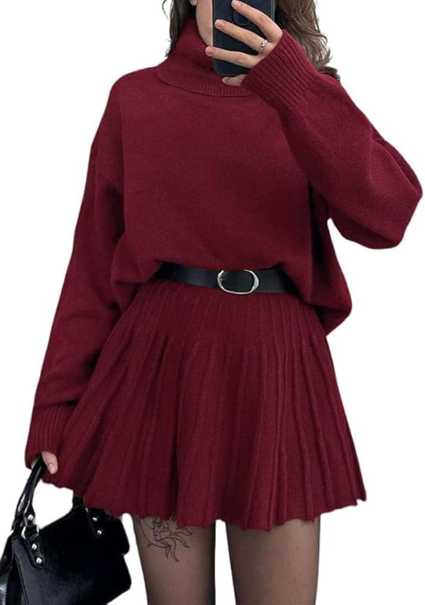 chouyatou Women's 2 Piece Sweater Skirt Sets Turtleneck Pullover Tops Mini Pleated Skirt Two Piec... | Amazon (US)