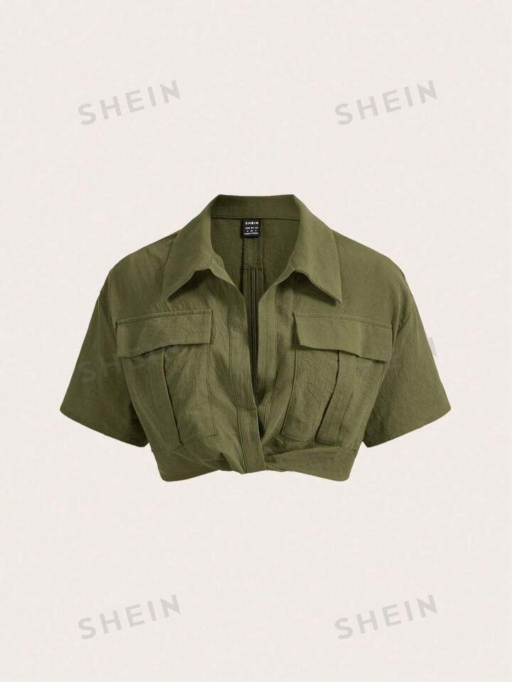 SHEIN EZwear Green Flap Pocket Drop Shoulder Crop Blouse | SHEIN