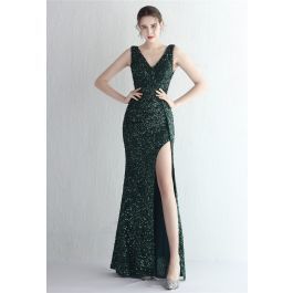 Glittering Sequin V-Neck Slit Gown in Emerald | Chicwish