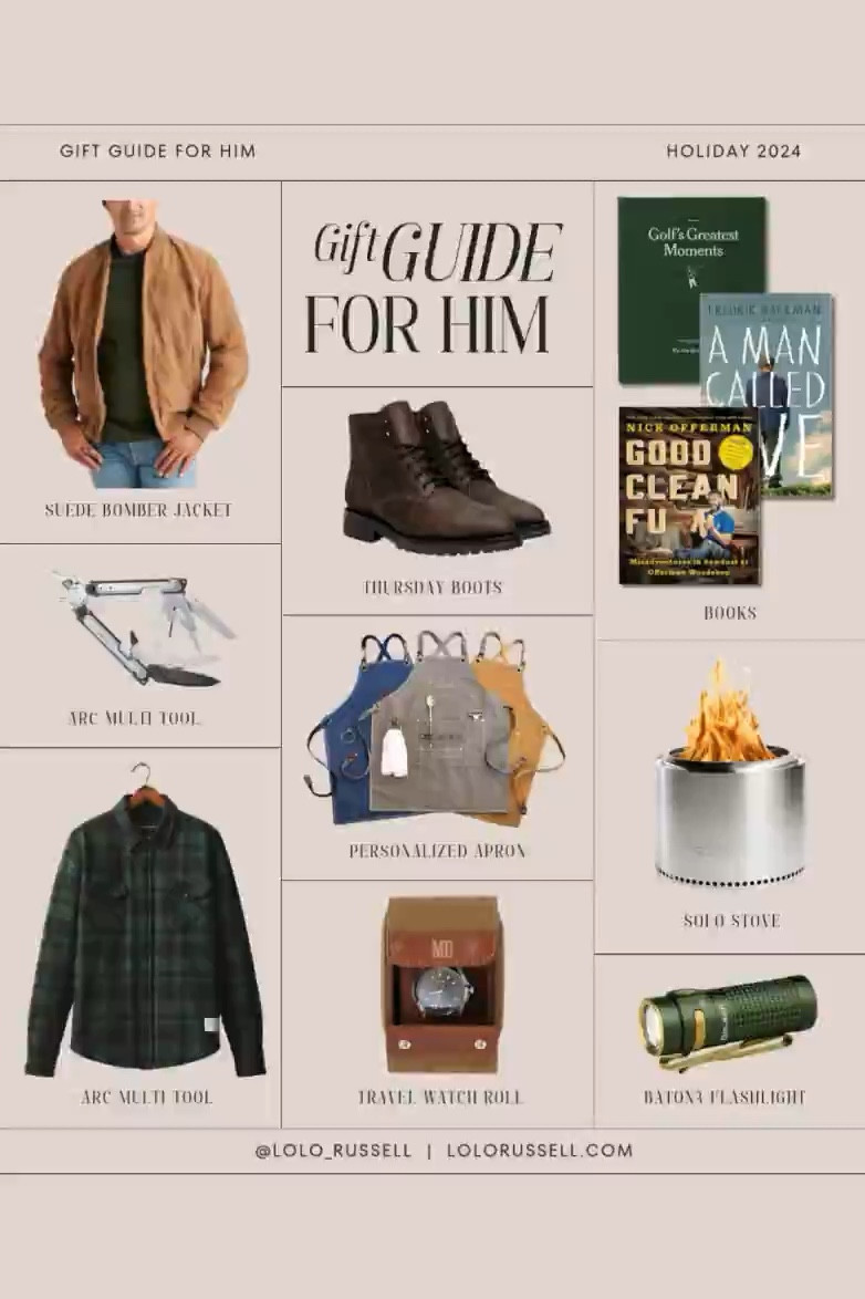 Holiday gift ideas for him including suede bomber jacket, boots, books, multi tool, flannel plaid shirt, solo stove, personalized apron, and more  

#LTKGiftGuide #LTKMens #LTKHoliday