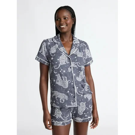 Joyspun Women’s Dreamy Soft Collection Notch Collar Knit Top and Boxer Shorts Pajama Set, Sizes XS-3X | Walmart (US)