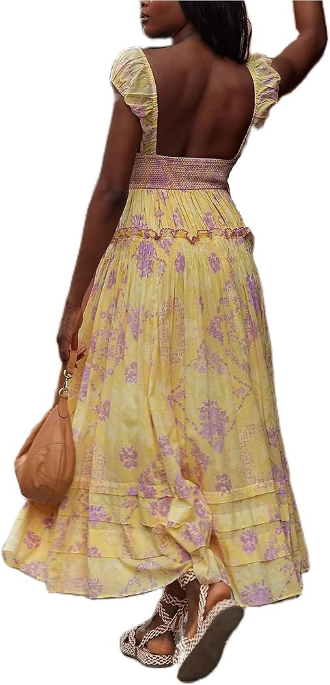 Women Summer Dresses Flowy Smocked Maxi Dress Sleeveless Sweetheart Y2K Floral Boho Summer Sundre... | Amazon (US)