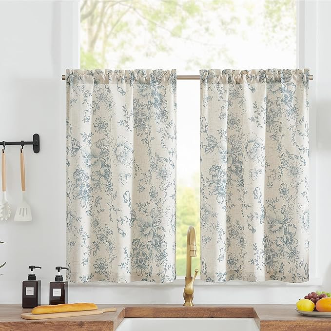 jinchan Floral Kitchen Curtains Linen Tier Curtains Blue Flower on Beige Cafe Curtains 36 Inch Le... | Amazon (US)
