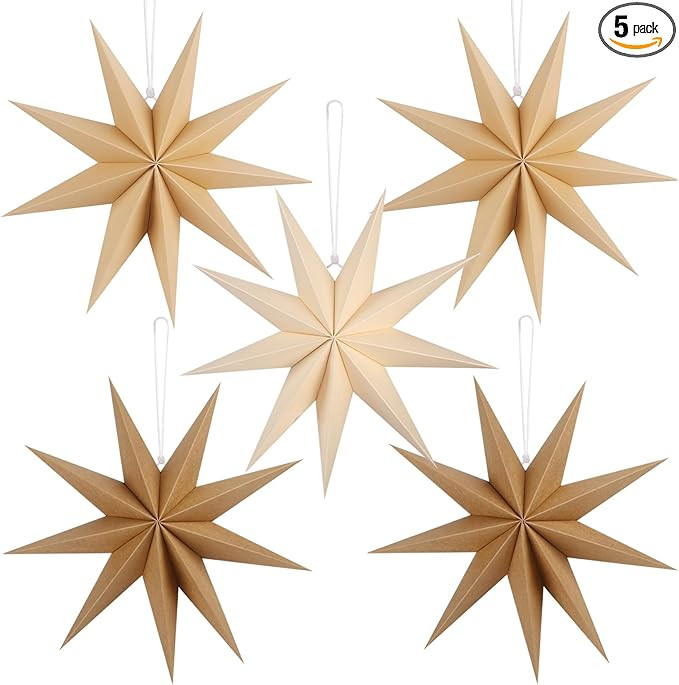 12 Inches 5 PCS Brown Paper Star Lanterns Hanging Khaki Stars Christmas Party Decorations Hanging... | Amazon (US)