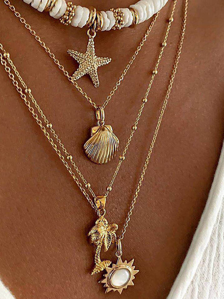 3pcs/set Bohemian Beach Vacation Style Multi-layer Chain Flower Sun & Rice Bead Necklace For Wome... | SHEIN