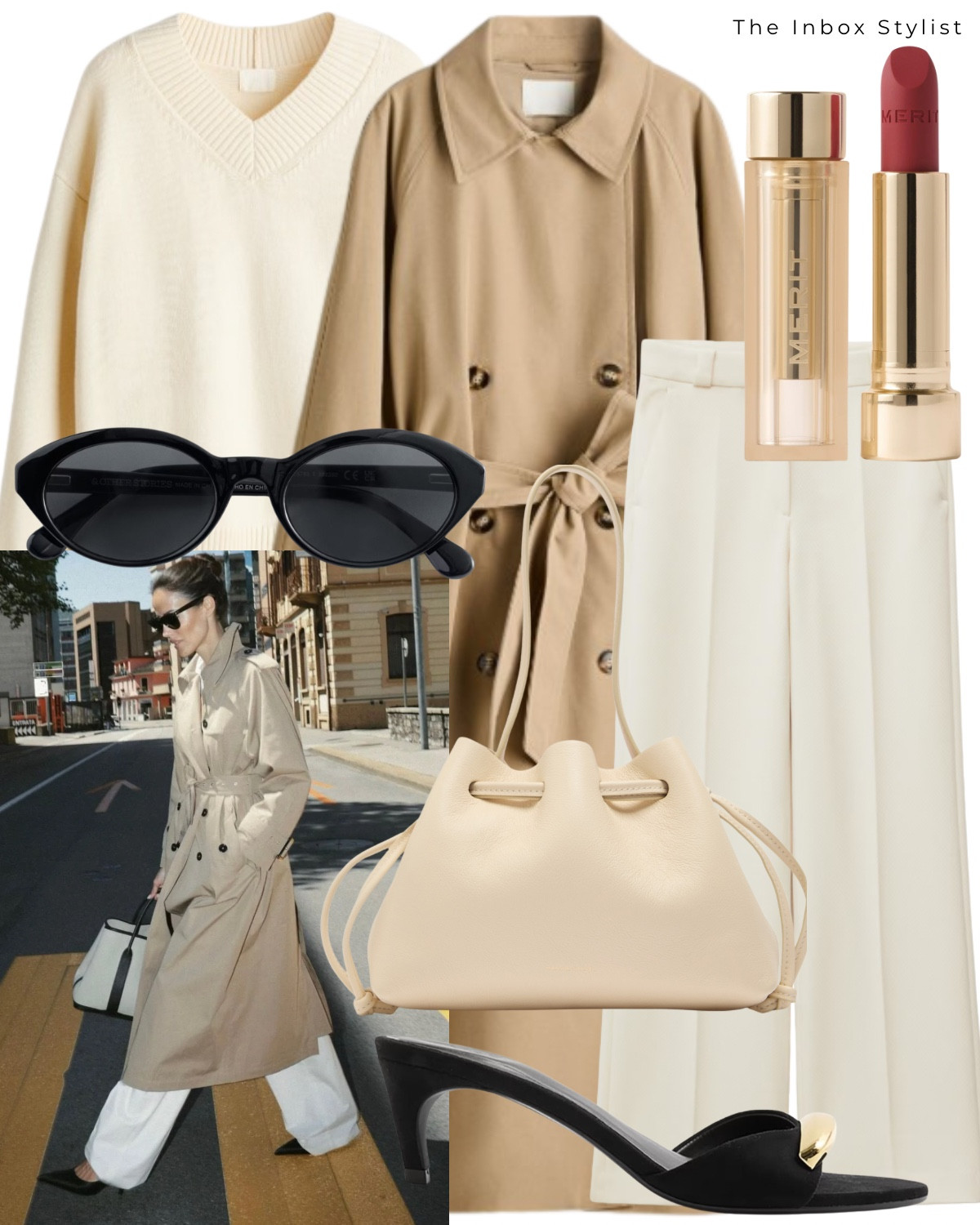 An outfit full of Spring staples  

Including trench coat, v-neck jumper, cream tailored trousers, black + gold heels, red lipstick, cream handbag, black oval sunglasses. 

#LTKspring #LTKstyletip #LTKworkwear