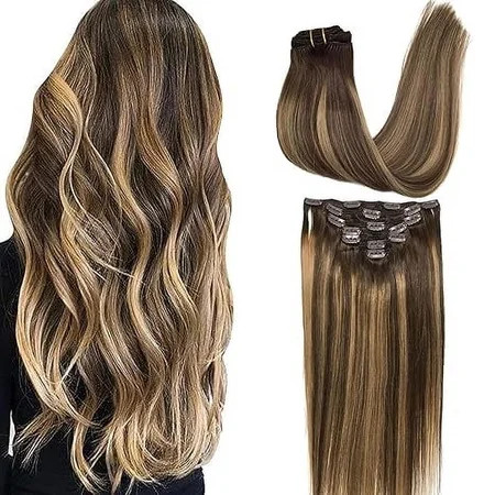 GOO GOO Clip in Hair Extensions Real Human Hair Remy Human Hair Extensions Clip ins for Women Natural Human Hair 16inch 120g 7Pcs 4 27 4 Balayage Chocolate Brown to Caramel Blonde | Walmart (US)