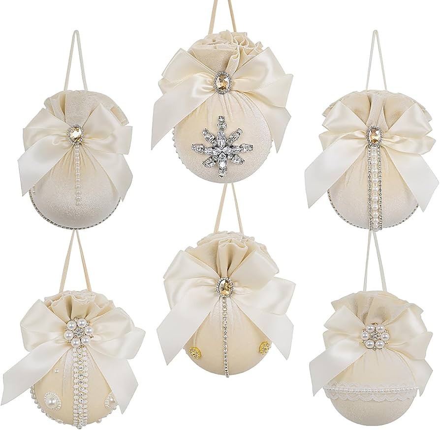 6 PCS Velvet Christmas Ornaments Balls, Champagne Christmas Balls with Bow Diamond Pearl, Shatter... | Amazon (US)
