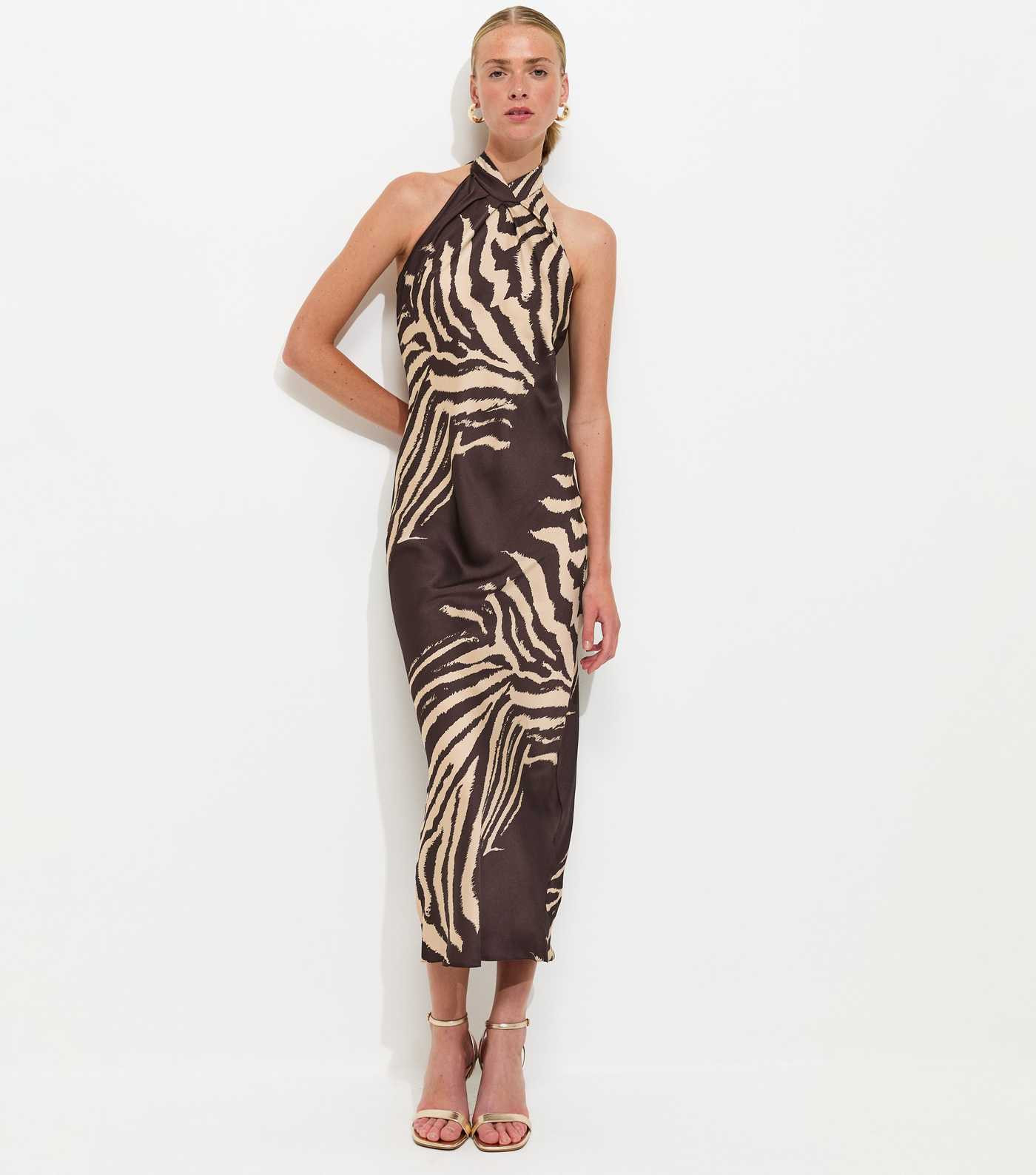 Brown Satin Zebra Print Halterneck Midi Dress | New Look | New Look (UK)