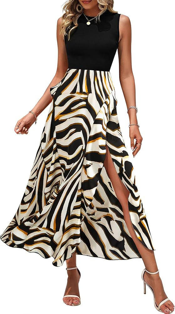 BTFBM Women Casual Sleeveless Summer Dresses 2025 Spring Crewneck Patchwork Boho Floral Ruffle Co... | Amazon (US)