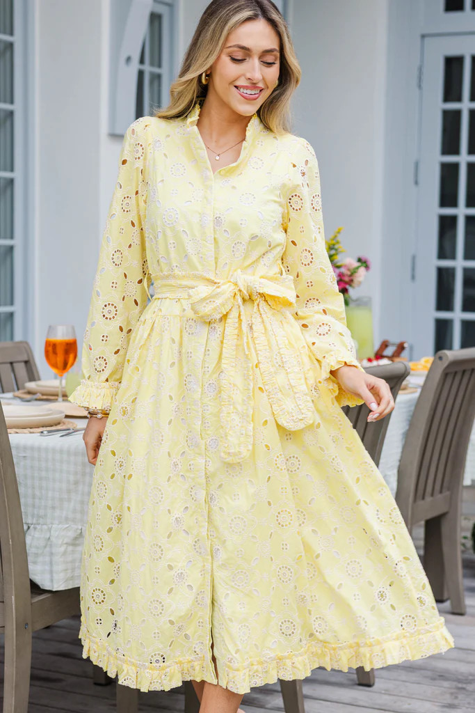 Living Easy Yellow Eyelet Linen Midi Dress | The Mint Julep Boutique