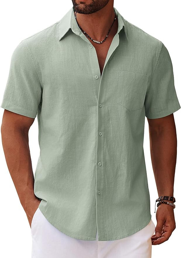 COOFANDY Men's Button Down Short Sleeve Shirt Casual Cotton Summer Beach Linen Wedding Shirts wit... | Amazon (US)