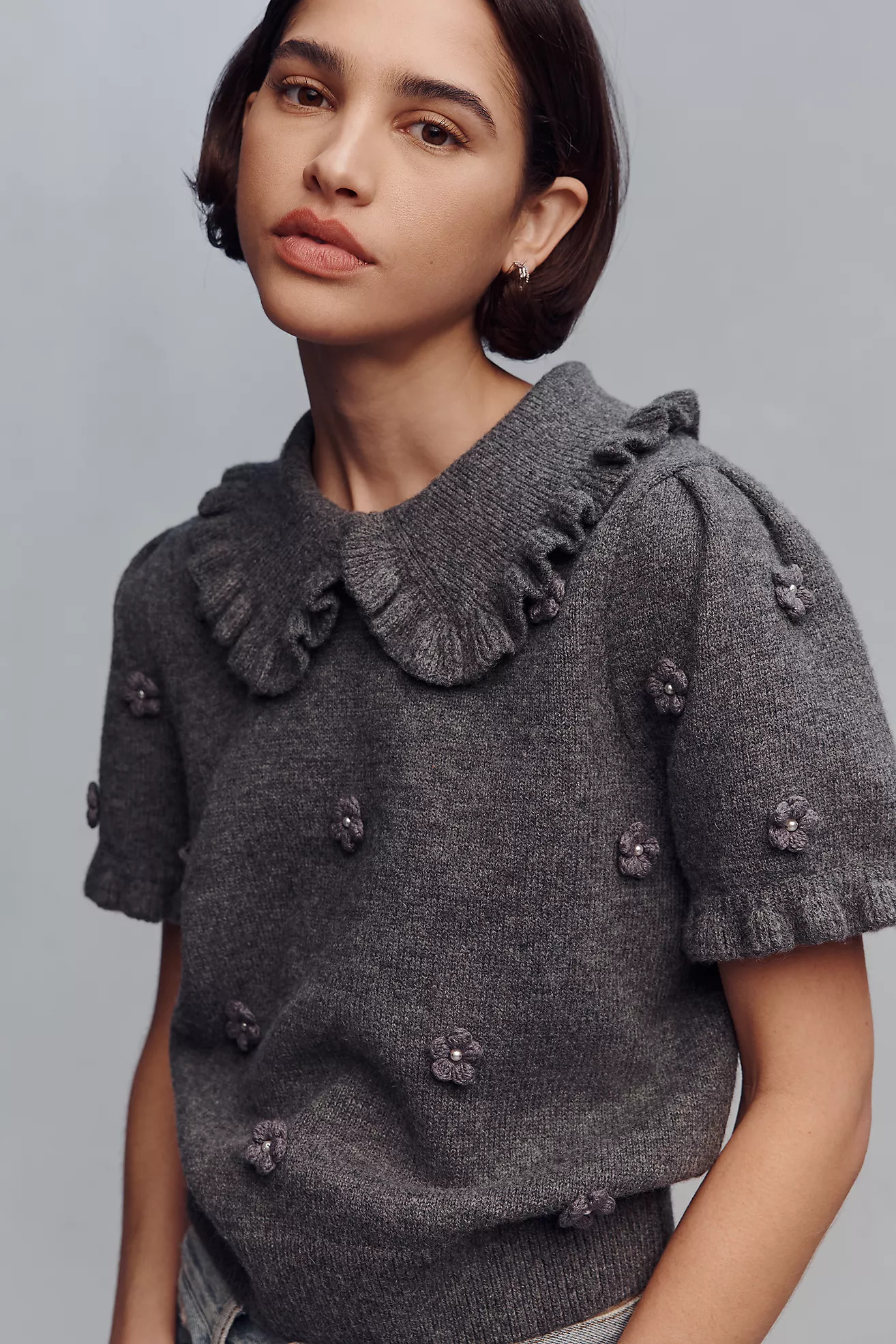English Factory Pearl Short-Sleeve Collared Sweater | Anthropologie (US)