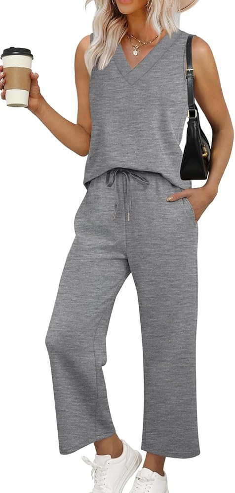 WIHOLL Two Piece Sets for Women Summer Outfits Matching Lounge Sets Wide Leg Crop Pants Vacation ... | Amazon (US)