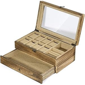 SRIWATANA Watch Box Case, 8-Slot Watch Organizer with Jewelry Drawer for Storage and Display, Carbon | Amazon (US)