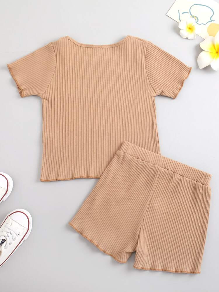 Baby Girl Ribbed Lettuce Trim Tee & Shorts | SHEIN