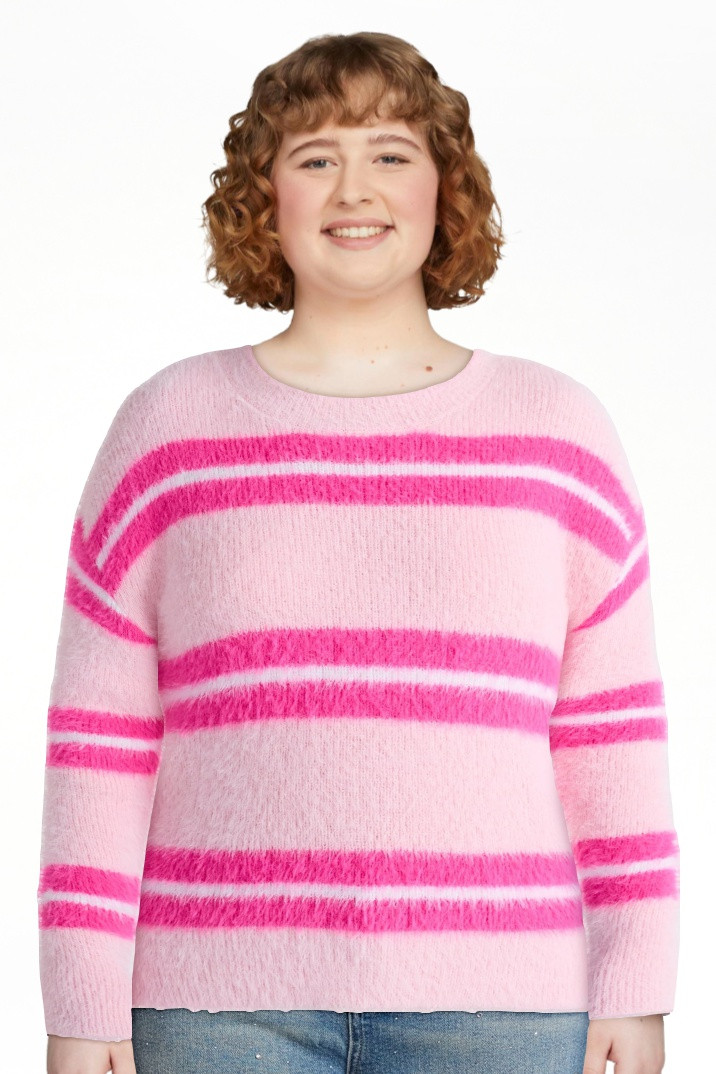 No Boundaries Striped Feather Sweater, Women's & Women's Plus | Walmart (US)