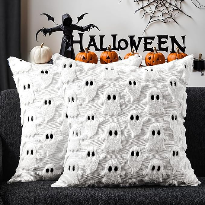 DFXSZ Halloween Pillow Covers 18x18 inch Set of 2 White Ghost Throw Pillow Cases Soft Plush Faux ... | Amazon (US)