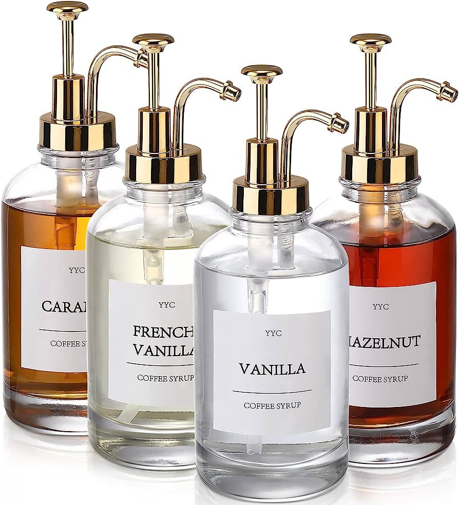 Coffee Bar AccessoriesCoffee Syrup Dispenser for Coffee Bar,YYC Pump w Labels,Glass 4 Pack,16.9oz... | Amazon (US)