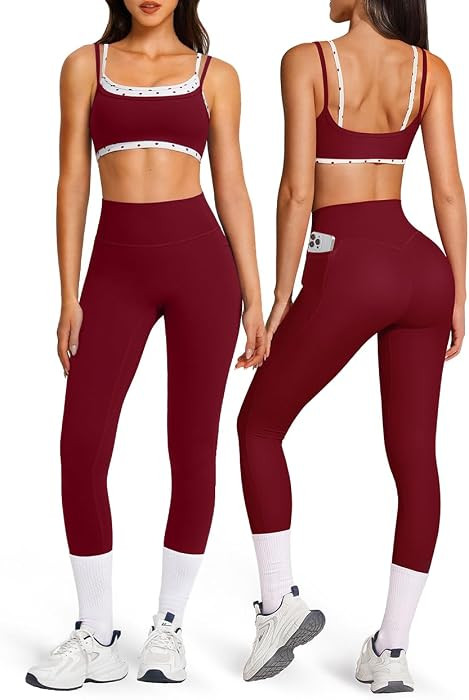OMKAGI Layered Womens Workout Sets Strappy Sports Bra Leggings Gym Outfits | Amazon (US)