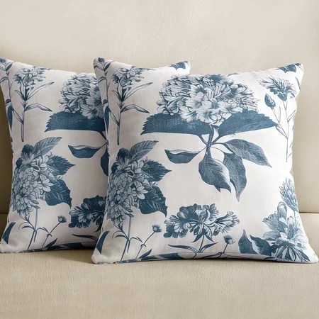 COOKCOK Set of 2 Floral Vintage Throw Pillow Covers Neutral Accent Print Decorative Cushion Covers Farmhouse Home Decor for Sofa Chair Couch Bedroom Living Room Outdoor, 22"x22", Blue | Walmart (US)