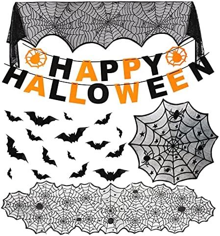 5 Pack Halloween Spider Decorations, Halloween Fireplace Mantel Scarf & Spider Web Black Lace Tab... | Amazon (US)