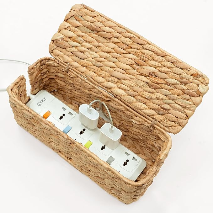 Cable Management Box, Water Hyacinth Organizer Box, Durable Rattan Cable Organizer, with 2 Open S... | Amazon (US)