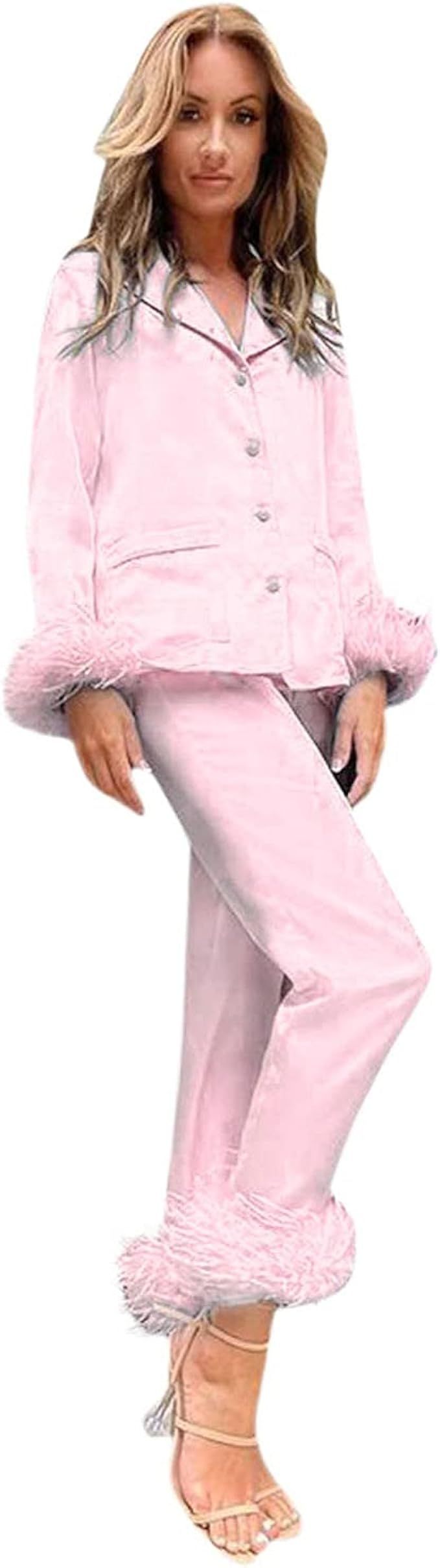 Silk Pajamas for Women Long Sleeve Long Pants Feather Sleeve Button Down Pjs Set Sleepwear Nightw... | Amazon (US)