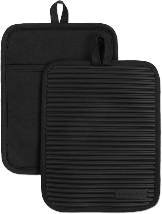 KitchenAid Ribbed Soft Silicone Water Resistant Pot Holder Set, Onyx Black, 2 Piece Set | Amazon (US)