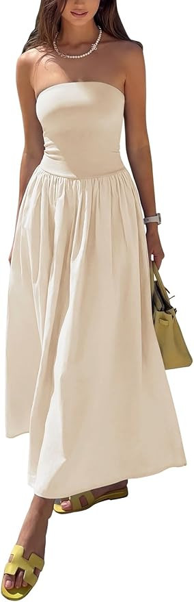 REORIA Women's Summer Tube Top Maxi Dress Sexy A Line Flowy Wedding Guest Long Dresses with Pocke... | Amazon (US)