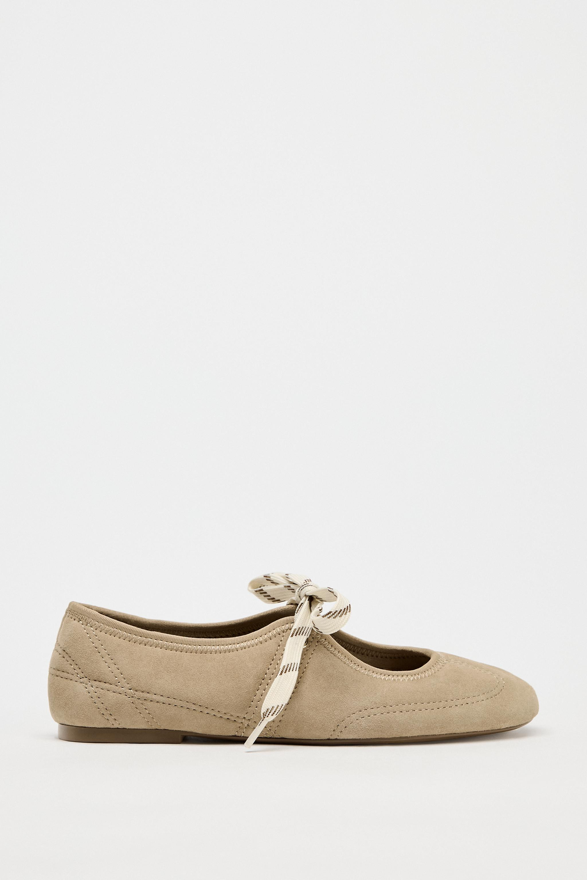 SPLIT LEATHER LACE-UP BALLET FLATS | Zara US