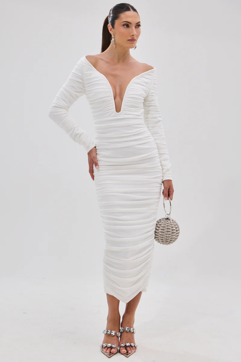 TARAJI BANDAGE MIDI DRESS WITH MESH OVERLAY | AKIRA