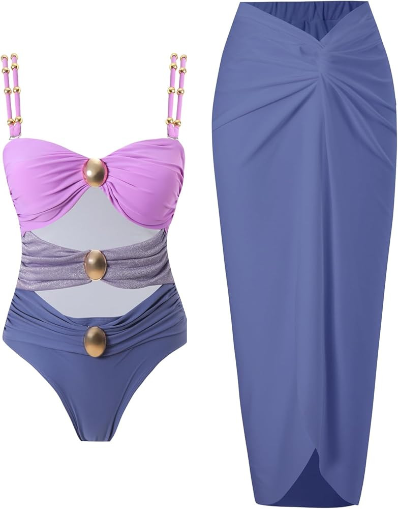 Women's One Piece Swimsuit with Cover up Set Beach Wrap Skirt Retro Bikini Set Two Piece Bathing ... | Amazon (US)