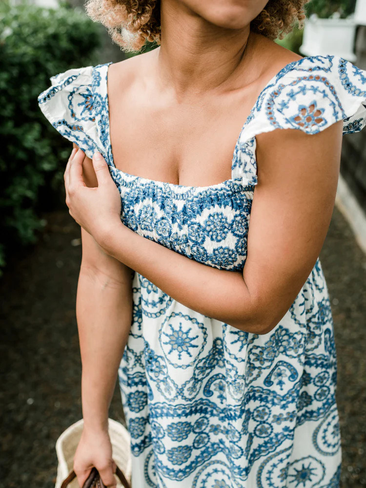 Marisol Blue and White Eyelet Midi Dress | Confête