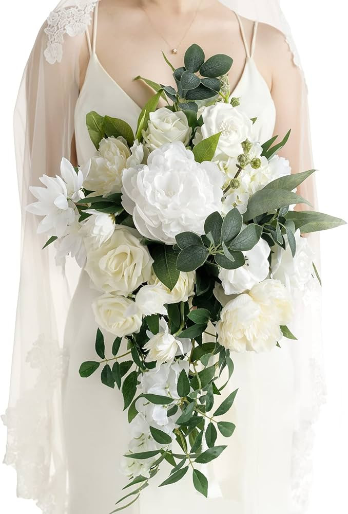Ling's Moment White Bridal Bouquet Cascading, Ivory Wedding Bouquets for Bride, 15 Inch Bride Bou... | Amazon (US)