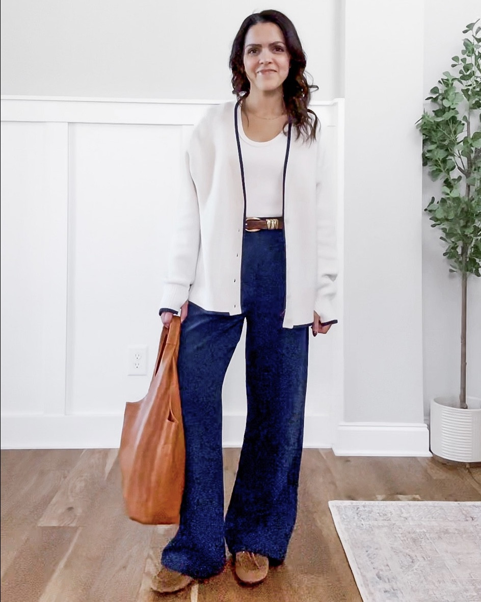 Monthly outfit planner NOVEMBER: Planner to person: Fall outfits | navy cardigan, trouser, white long sleeve tee, suede tote, suede loafer, belt

#falloutfit #classicstyle #casualstyle 

Image inspo credit: @krismarieerrington 

#LTKSeasonal #LTKStyleTip
