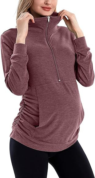 GINKANA Maternity Women's Long Sleeve Shirt Half Zipper Lapel Lightweight Casual Maternity Pullov... | Amazon (US)