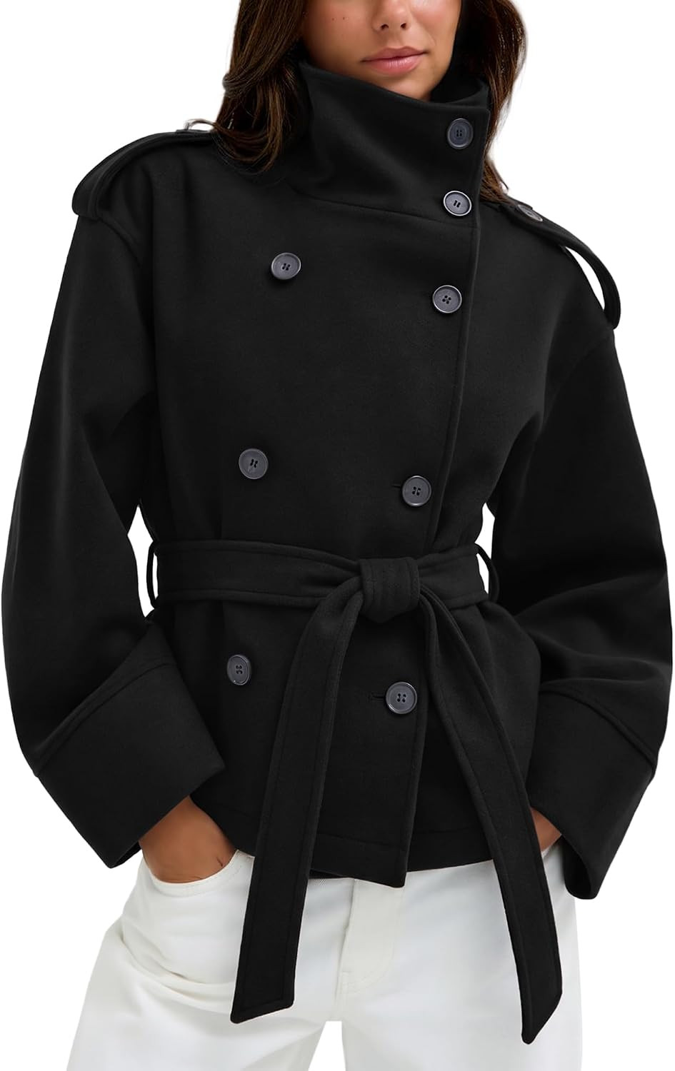 Belted Cropped Pea Coats for Women Fall Winter Funnel Neck Jacket | Amazon (US)