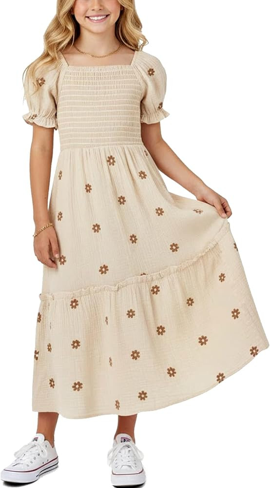 Sunny Spirit Girls Maxi Dress Tween Dresses for Girl Spring Summer Boho Floral Short Puff Sleeve ... | Amazon (US)