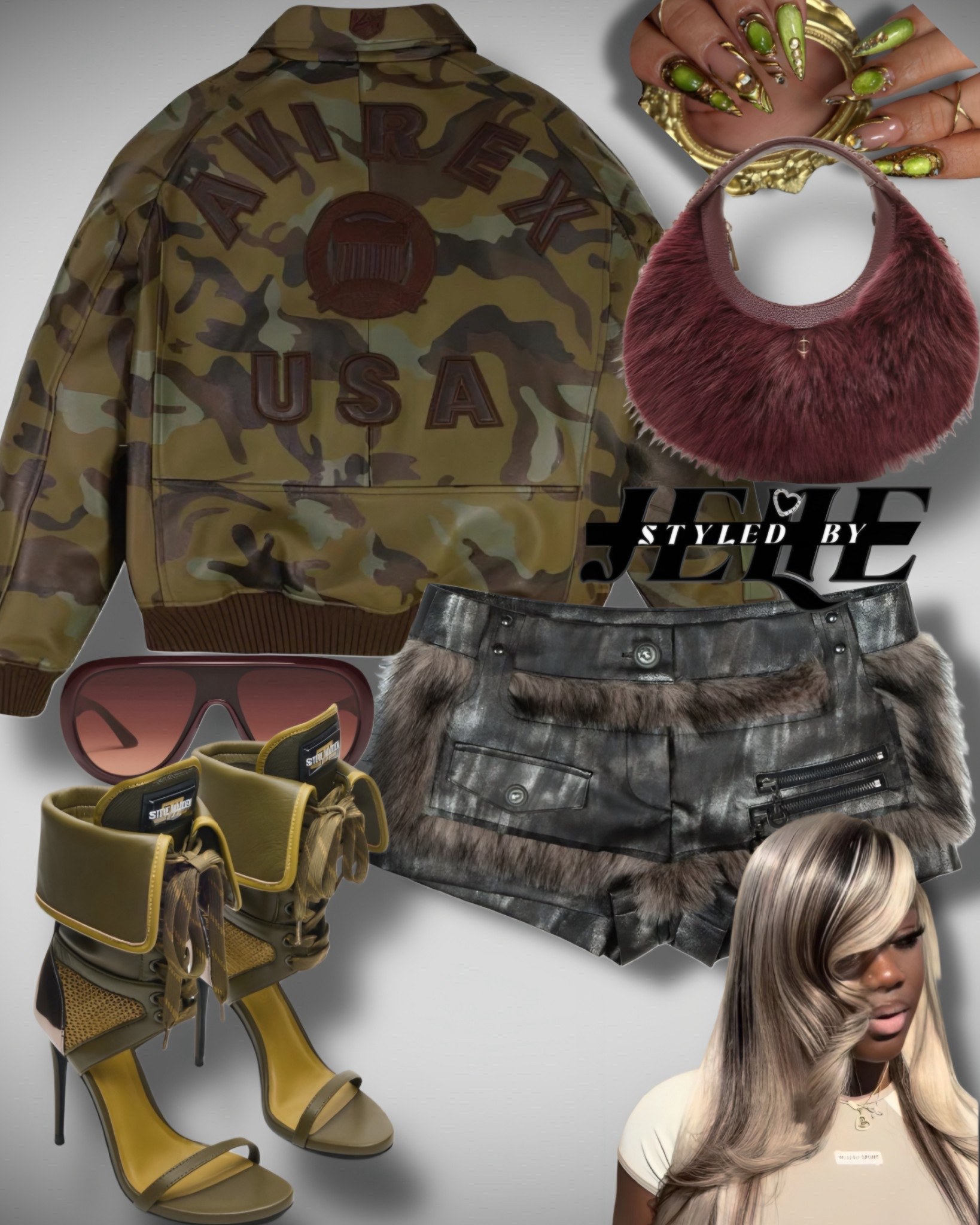 Jacket from Etsy “ Classic military style camo bomber “ , shorts from urban-sheek “ Vintage Fur Panelled Leg Cover Pants Set-Up”, shoes from steve madden 