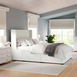 Kian White Engineered Wood Frame Queen Upholstered Platform Bed with Wingback Headboard and 4 Side Storage Drawers | The Home Depot