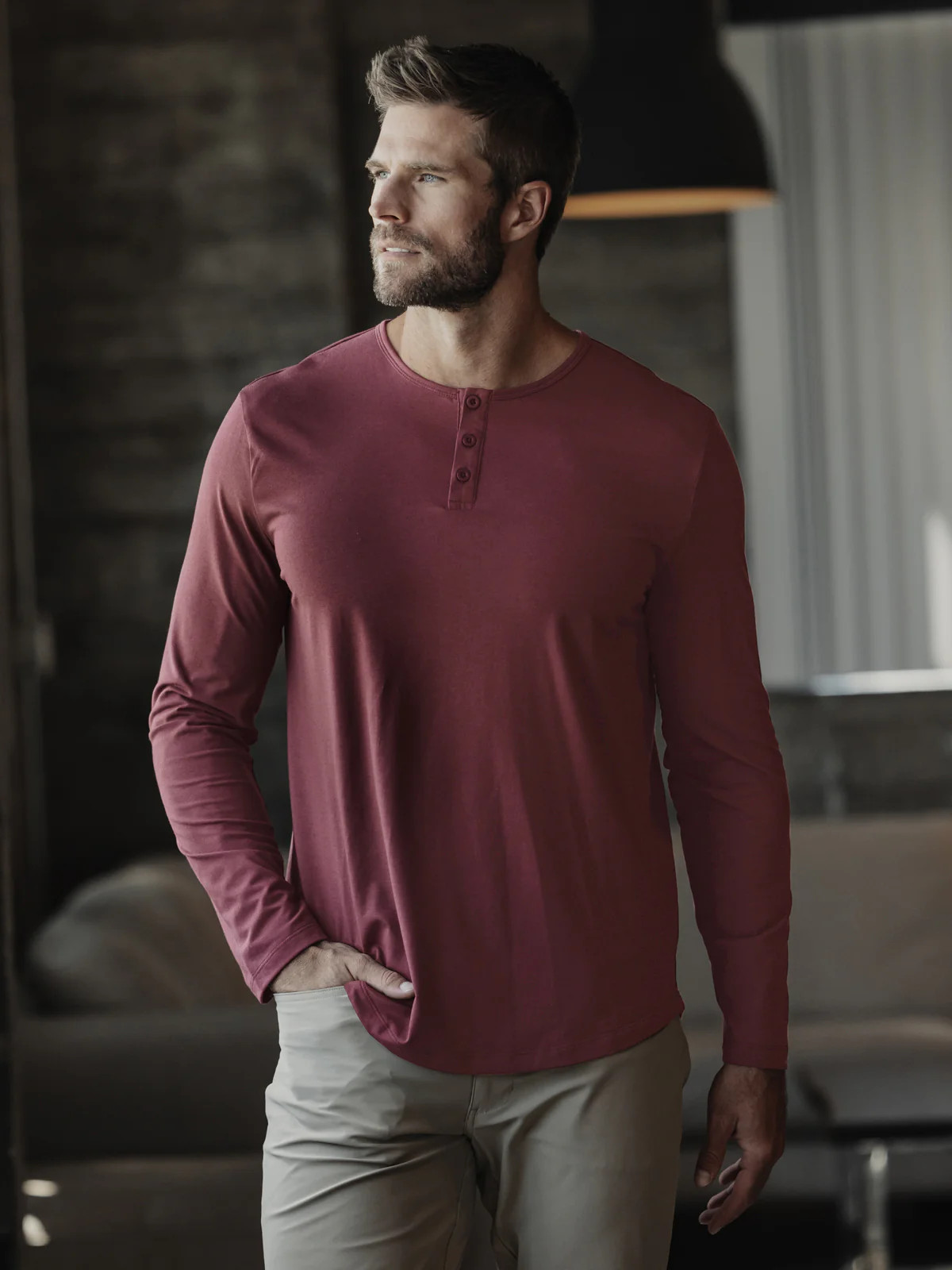 AO Long Sleeve Henley Curve-Hem Tee | Deep Cranberry | Cuts Clothing Inc.