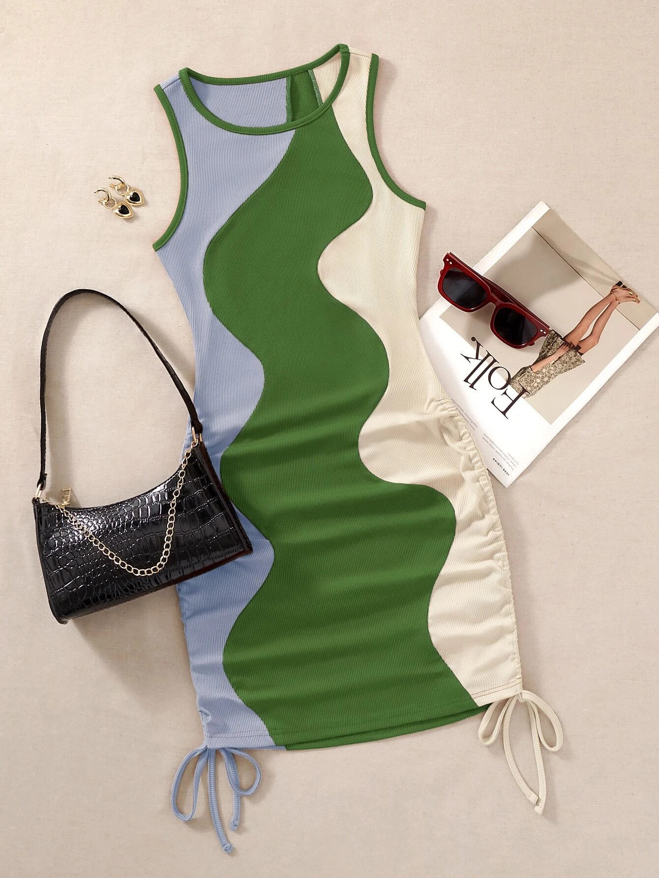 Drawstring Side Color Block Bodycon Tank Dress | SHEIN