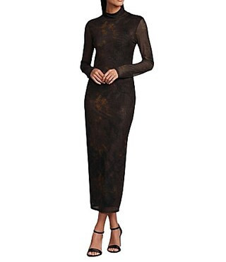 Reba Dustwood Mesh Mock Neck Long Sleeve Midi Sheath Dress - L | Dillard's